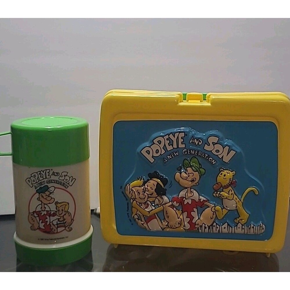 Vtg Popeye And Son A New Generation Yellow Plastic Lunch Box With Thermos